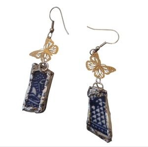 Blue Willow Broken China Earrings 18K Gold Butterfly Filigree Dangles